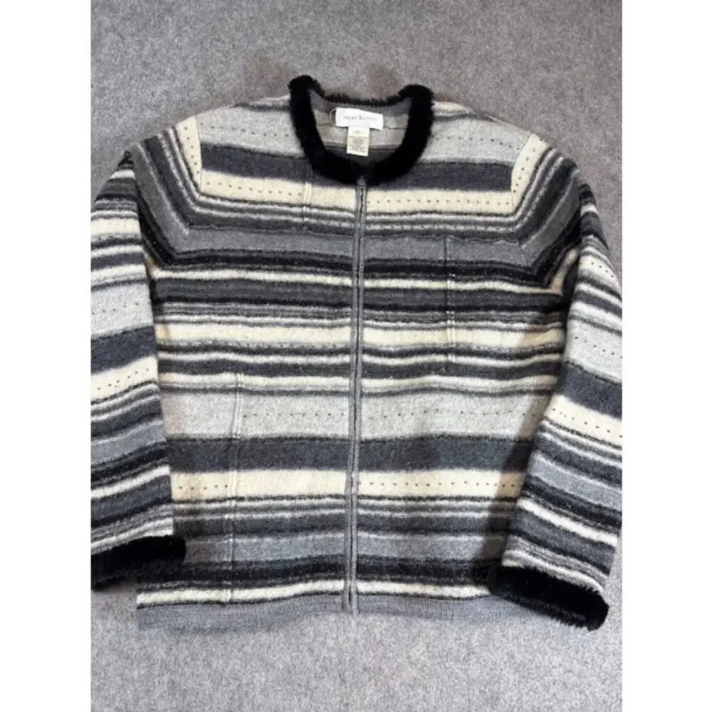 VTG Susan Bristol Hand Embroidered Wool Cardigan Womens M Striped Neutral Cozy - Picture 2 of 9